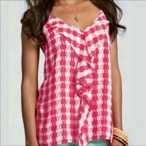 CAbi Pink/Cream Houndstooth Ruffle Cami Top-Size M